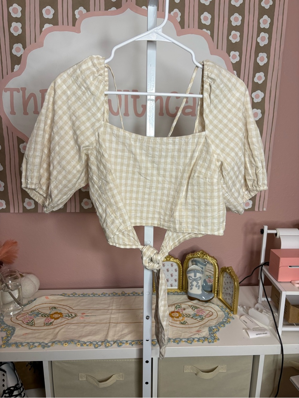 H&M Gingham Puff Sleeve Crop Top - Cream